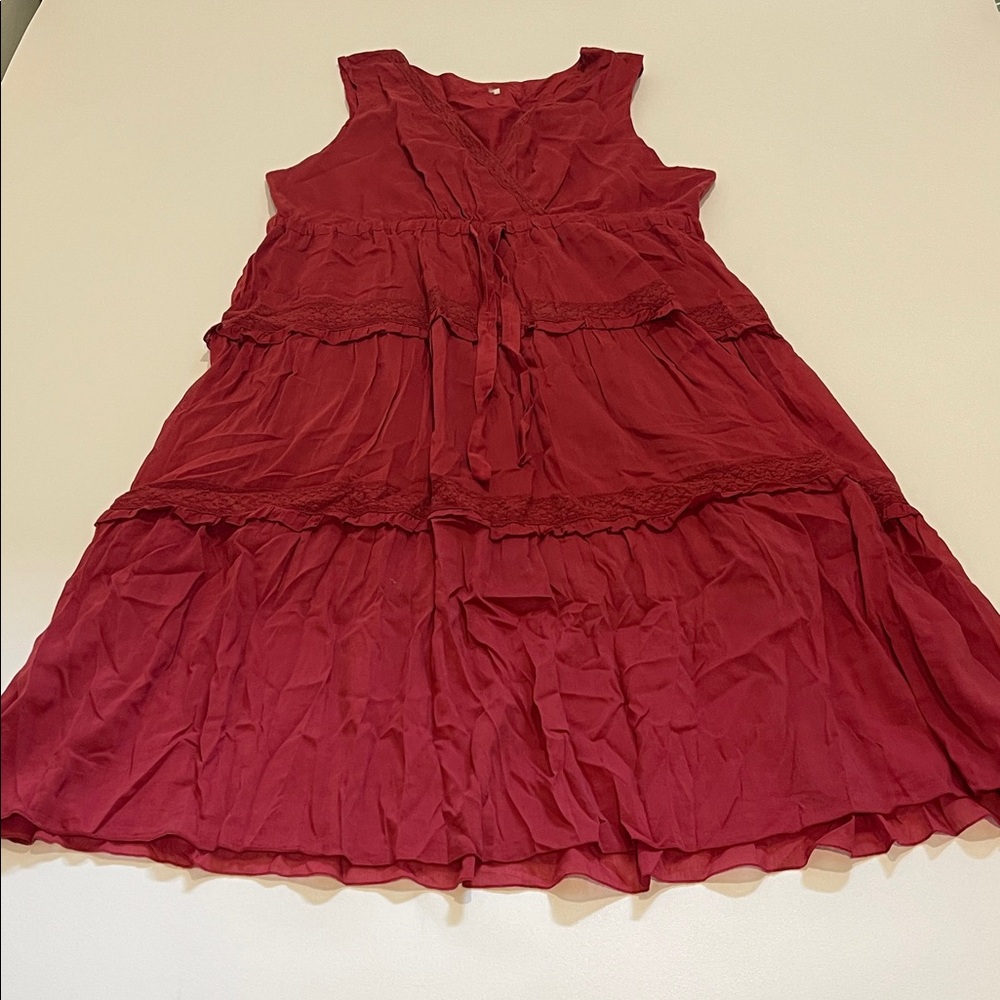 Sundance Zura Silk Blend Sleeveless Tiered Dress in Wine Red with Tie Waist - Picture 2 of 9